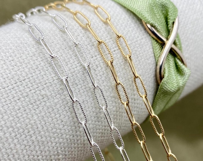 Textured Paperclip - Chain by the Foot - Sterling Silver and 14kt Gold Filled - Patterned Chain 2.9x7.4mm - Permanent Jewelry - USA C24