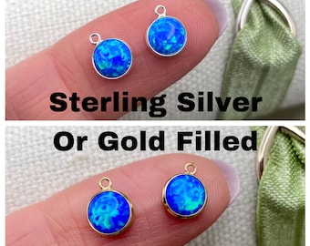 Set of 2 x Blue Opal 14kt Gold Filled or Sterling Silver Synthetic Opal CHARM 6mm - Sparkle Bezel - Bulk Permanent Jewelry Supply - USA B26