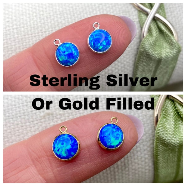 Set of 2 x Blue Opal 14kt Gold Filled or Sterling Silver Synthetic Opal CHARM 6mm - Sparkle Bezel - Bulk Permanent Jewelry Supply - USA made
