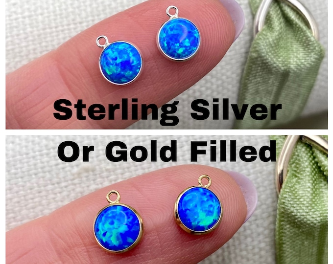 Set of 2 x Blue Opal 14kt Gold Filled or Sterling Silver Synthetic Opal CHARM 6mm - Sparkle Bezel - Bulk Permanent Jewelry Supply - USA B26