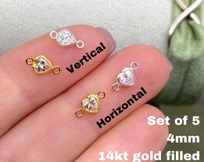 Heart Connectors - Set of 5 x 14kt Gold Filled or Sterling Silver 4mm CZ Diamond links - Permanent Jewelry Bracelet - Heart Bezel - B38 B39
