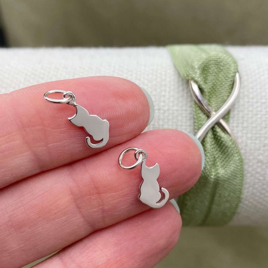 Set of 2 X Tiny Cat Charm Sterling Silver 6mm Kitty Charm Drops for