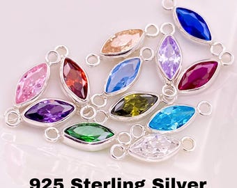 Sterling Silver Marquise Shaped Birthstone CONNECTORS - Elongated Oval Cut CZs - Permanent Jewelry Supply - Luxe Colors - B34