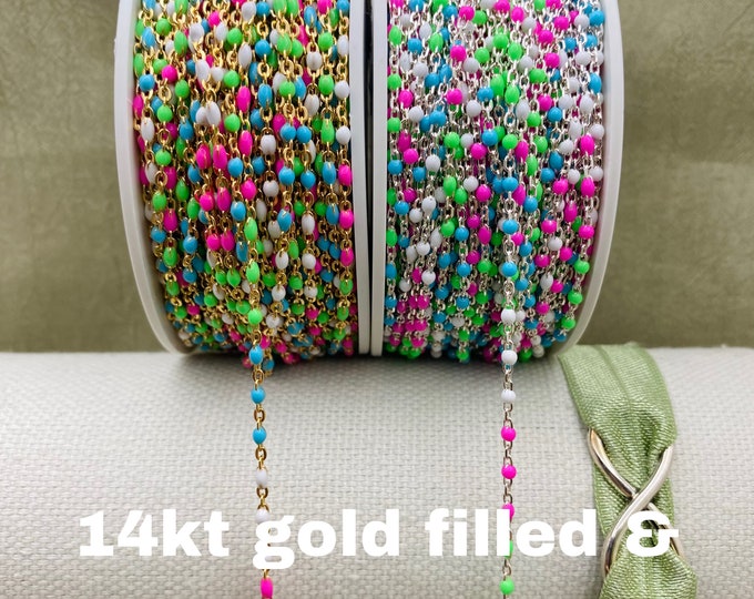 Premium Neon Color 14kt Gold Filled or Sterling Silver Enamel Chain - Colorful Pink Blue Green Pink Chain Permanent Jewelry - Dot Enamel E8