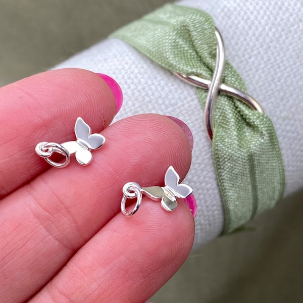 Set of 2 x 925 Sterling Silver Tiny Butterfly Charms - Drops for Earrings Bracelet or Necklace Spring, New Beginnings  - Bulk Jewelry Supply