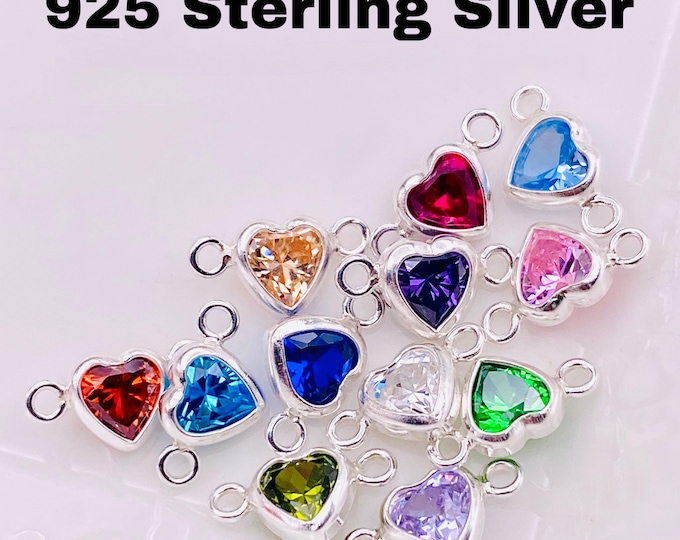 Sterling Silver Heart Shaped Birthstone CONNECTORS - 4mm Horizontal Heart CZs - You Choose Mix & Match - Permanent Jewelry Supply B39