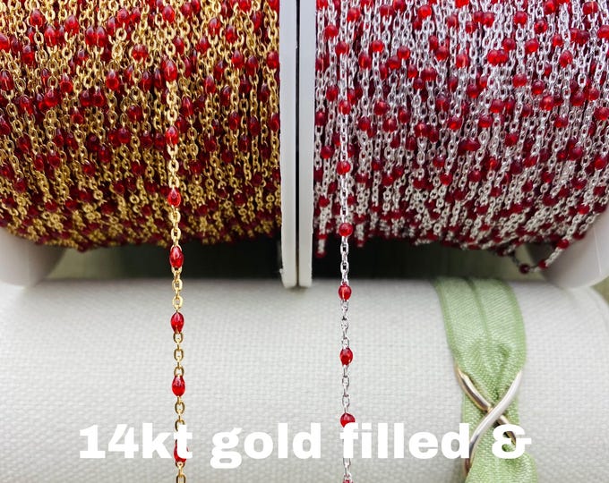 Premium Red 14kt Gold Filled or Sterling Silver Enamel Chains - Colorful Cable Satellite Chain for Permanent Jewelry - Dot Enamel Chains E6