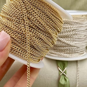 Cadena clásica de 2,75 mm x 3,4 mm (cadena grande) - Cadena por pie - Cadena de plata de ley o chapada en oro - Joyería masculina permanente - EE. UU. C18