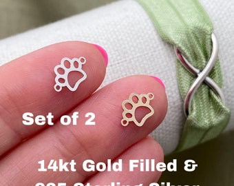 Set of 2 x 14Kt Gold Filled or Sterling Silver Paw Print Connectors - Dog Paw Link for Bracelet or Necklace - Permanent Jewelry Supply L10