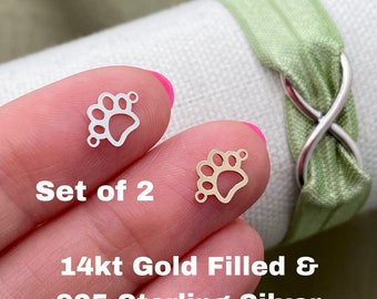 Set of 2 x 14Kt Gold Filled or Sterling Silver Paw Print Connectors - Dog Paw Link for Bracelet or Necklace - Permanent Jewelry Supply