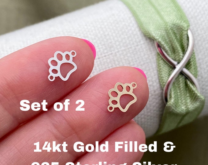 Set of 2 x 14Kt Gold Filled or Sterling Silver Paw Print Connectors - Dog Paw Link for Bracelet or Necklace - Permanent Jewelry Supply L10