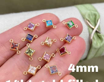4mm 14kt Gold Filled Diamond Shaped Birthstone CONNECTORS - Princess Cut Square CZs - Permanent Jewelry Supply - Luxe Colors - B33