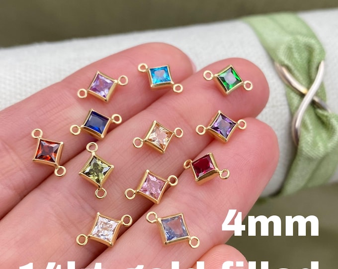 4mm 14kt Gold Filled Diamond Shaped Birthstone CONNECTORS - Princess Cut Square CZs - You Choose Mix & Match - Permanent Jewelry Supply B33