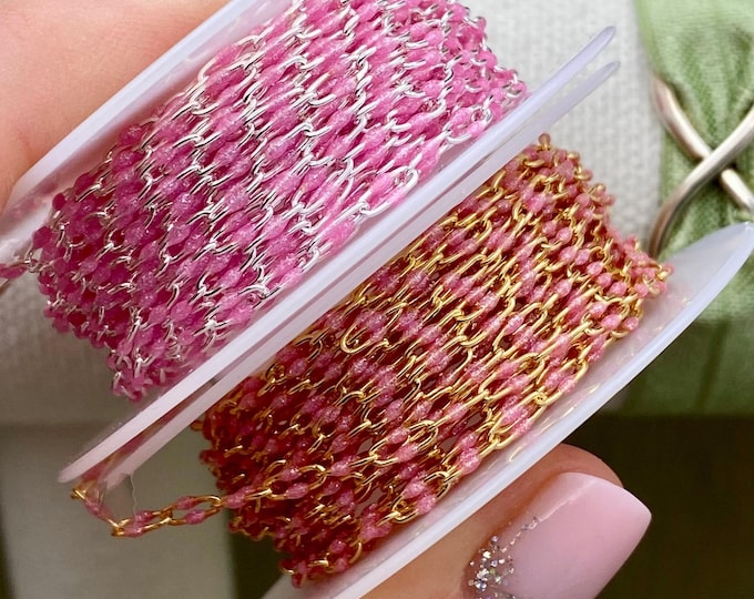 Premium Glitter Pink Enamel - Chain by the Foot - 14kt Gold Filled or Sterling Silver Colorful Chain Permanent Jewelry - Twin Enamel E13