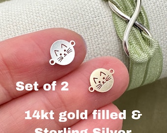 Set of 2 x 14Kt Gold Filled or Sterling Silver Cat Face Connectors - Round Kitty Cat Link for Bracelet or Necklace Permanent Jewelry Supply