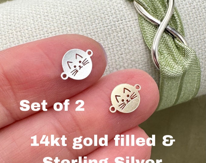 Set of 2 x 14Kt Gold Filled or Sterling Silver Cat Face Connectors - Round Kitty Cat Link for Bracelet Necklace Permanent Jewelry Supply L16