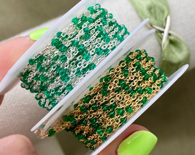 Emerald Green Premium 14kt Gold Filled or Sterling Silver Enamel Chain - Colorful Chain Permanent Jewelry - Dot Enamel E25