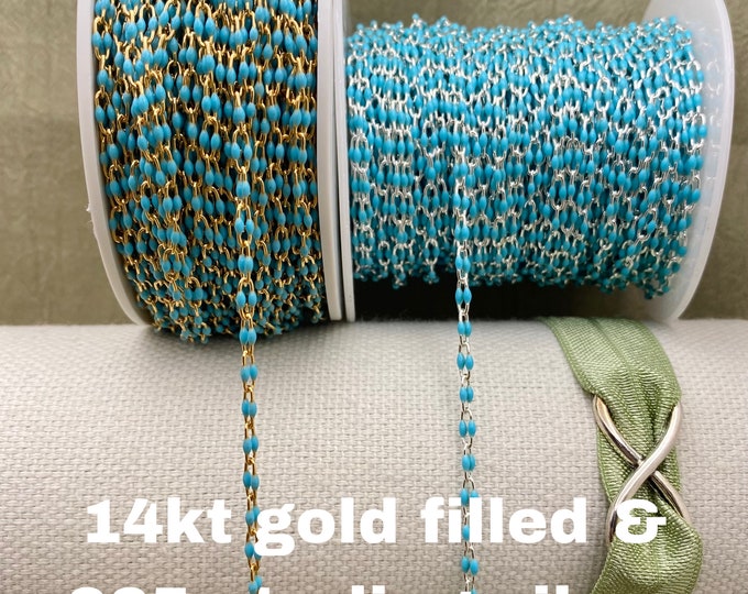 Premium Turquoise Blue 14kt Gold Filled or Sterling Silver Enamel Chain - Colorful Paperclip Chain Permanent Jewelry- Twin Enamel Chain E12