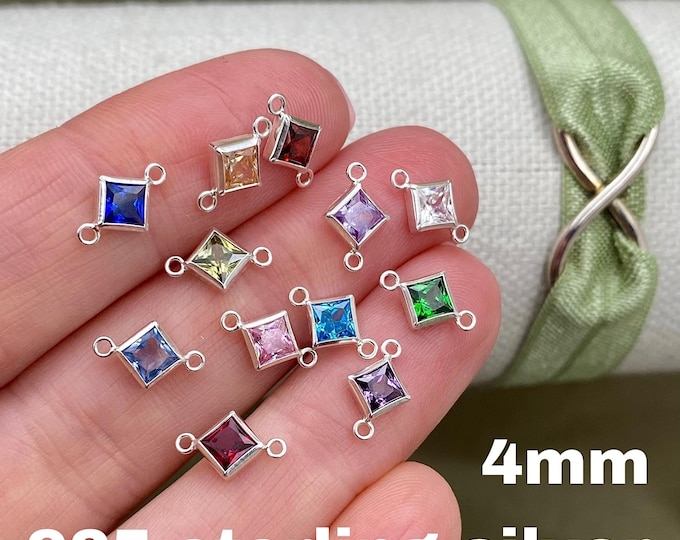 4mm 925 Sterling Silver Diamond Shaped Birthstone CONNECTORS - Princess Cut Square CZ - You Choose Mix & Match Permanent Jewelry Supply B33