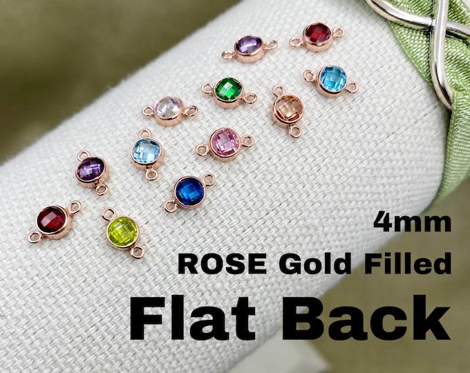 FLATBACK 4mm 14kt ROSE Gold Filled Birthstone Connectors - Mix & Match - Top Quality Bezel Checker Board cz - Permanent Jewelry - USA B4