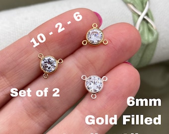 10 - 2 - 6 Connector - Set of 2 x 14kt Gold Filled or Sterling Silver 6mm - For Lariat Necklace or Hand Chain - AAA Cz Bezel - USA made B24
