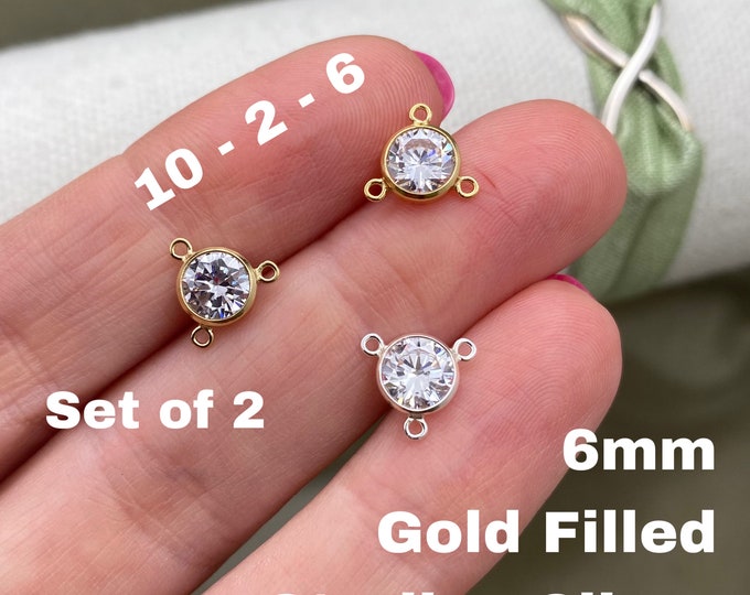 10 - 2 - 6 Connector - Set of 2 x 14kt Gold Filled or Sterling Silver 6mm - For Lariat Necklace or Hand Chain - AAA Cz Bezel - USA made B24