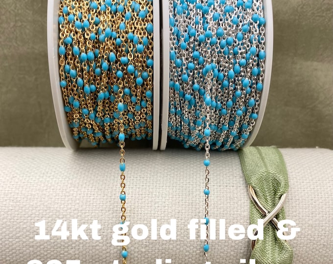 Premium Turquoise Blue 14kt Gold Filled or Sterling Silver Enamel Chains - Colorful Cable Satellite Chain Permanent Jewelry - Dot Enamel E4