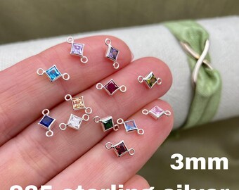 3mm 925 Sterling Silver Diamond Shaped Birthstone CONNECTORS - Princess Cut Square CZs - You Choose Mix & Match Permanent Jewelry Supply B32
