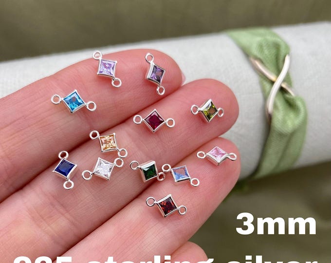 3mm 925 Sterling Silver Diamond Shaped Birthstone CONNECTORS - Princess Cut Square CZs - You Choose Mix & Match Permanent Jewelry Supply B32
