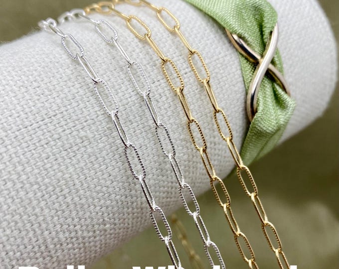 Textured Paperclip - Chain by the Foot - Sterling Silver and 14kt Gold Filled - Patterned Chain 2.9x7.4mm - Permanent Jewelry - USA C24