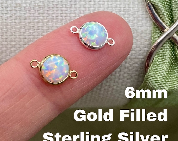 Set of 2 x Opal 14kt Gold Filled or Sterling Silver Synthetic Opal CONNECTOR 6mm - Glitter Sparkle Bezel - Bulk Permanent Jewelry Supply B19