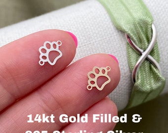 Set of 2 x 14Kt Gold Filled or Sterling Silver Paw Print Connectors - Dog Paw Link for Bracelet or Necklace - Permanent Jewelry Supply