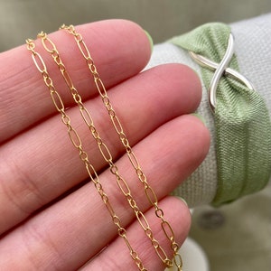 May include: Close-up of a delicate gold chain with elongated oval links. The chain is held in a hand with a light green painted fingernail. The background includes a light green fabric and a silver-colored metal accent.