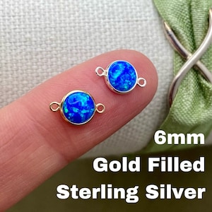 Set of 2 x Blue Opal 14kt Gold Filled or Sterling Silver Synthetic Opal CONNECTORS 6mm Glitter Sparkle Bezel - Permanent Jewelry Supply B20