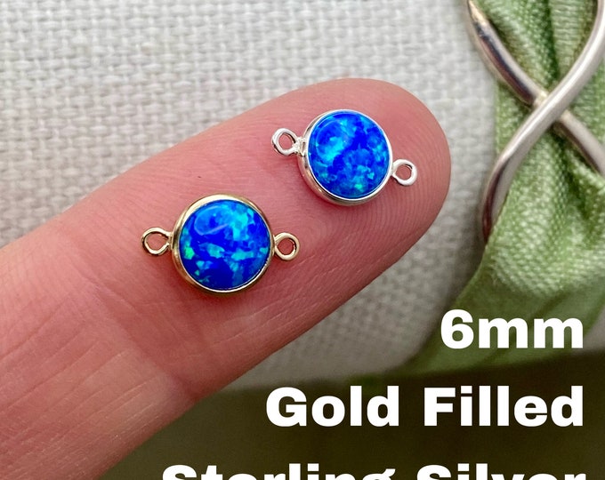 Set of 2 x Blue Opal 14kt Gold Filled or Sterling Silver Synthetic Opal CONNECTORS 6mm Glitter Sparkle Bezel - Permanent Jewelry Supply B20