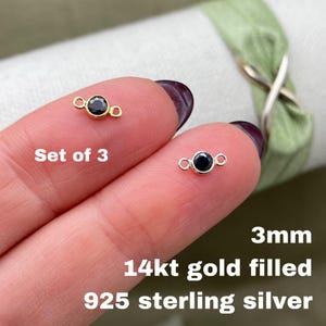 Set of 3 x Black Tiny 14kt Gold Filled or Sterling Silver Gemstone CONNECTOR 3mm - Top Quality AAA Cz Bezel - Permanent Jewelry - USA B17