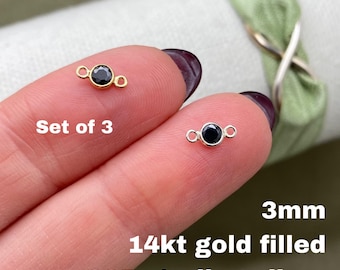 Set of 3 x Black Tiny 14kt Gold Filled or Sterling Silver Gemstone CONNECTOR 3mm - Top Quality AAA Cz Bezel - Permanent Jewelry - USA B17