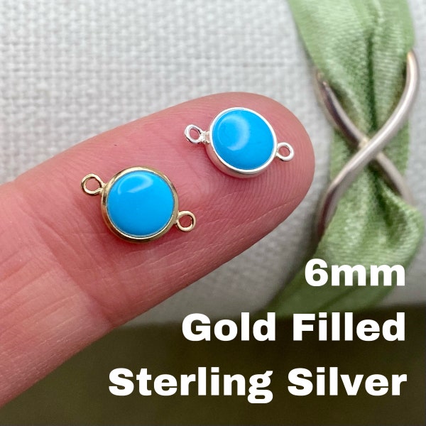 Set of 2 x Turquoise 14kt Gold Filled or Sterling Silver Synthetic Turquoise CONNECTORS 6mm - Light Blue Stone - Permanent Jewelry Supply