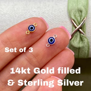 Conectores Ojo Turco Azules de 4 mm - Paquete de 3 - Conector permanente de joyería de plata de ley y oro laminado de 14 quilates para pulseras, eslabón Ojo de la Envidia B48