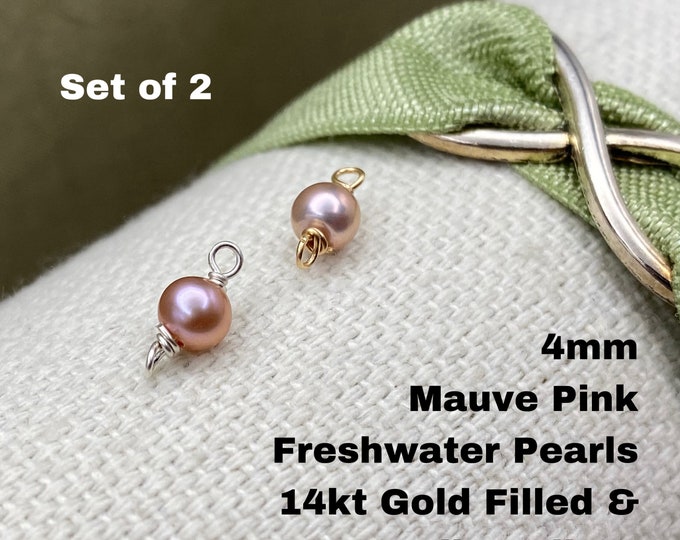 Set of 2 x Pink Gray Mauve Freshwater Pearl CONNECTORS Gold Filled or Sterling Silver 4mm - Top Quality AAA Pearls - Permanent Jewelry B35