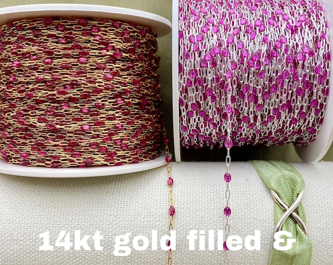 Premium Fuchsia 14kt Gold Filled or Sterling Silver Enamel Chain - Colorful Paperclip Chain Permanent Jewelry - Sunburst Enamel Chain E14