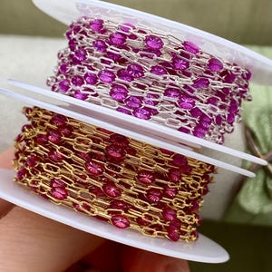 Premium Fuchsia Enamel - Chain by the Foot - 14kt Gold Filled or Sterling Silver - Colorful Paperclip Chain Permanent Jewelry - Sunburst E14
