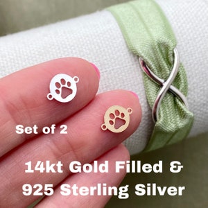 Set of 2 x 14Kt Gold Filled or Sterling Silver Paw Print Connectors - Round Dog Paw Link for Bracelet or Necklace - Permanent Jewelry Supply