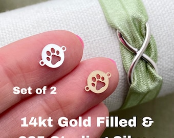 Set of 2 x 14Kt Gold Filled or Sterling Silver Paw Print Connectors - Round Dog Paw Link for Bracelet Necklace - Permanent Jewelry Supply L9