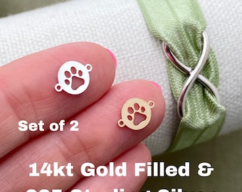 Set of 2 x 14Kt Gold Filled or Sterling Silver Paw Print Connectors - Round Dog Paw Link for Bracelet or Necklace - Permanent Jewelry Supply