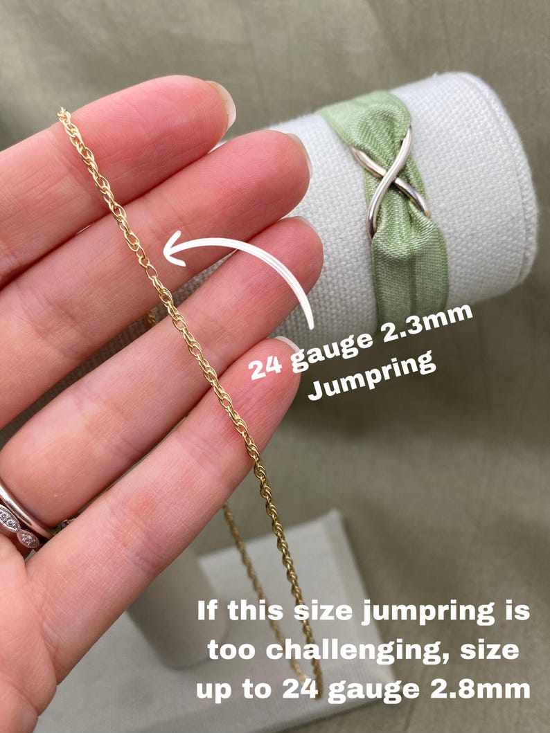 May include: Close-up of a gold chain with a 24 gauge 2.3mm jump ring. The text "If this size jumpring is too challenging, size up to 24 gauge 2.8mm" is visible below the chain.