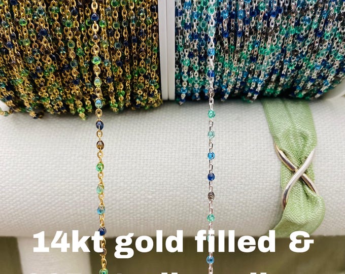 Ocean Premium Transparent Colors 14kt Gold Filled or Sterling Silver Enamel Chain - Blue Green Black Permanent Jewelry - Dot Enamel E21