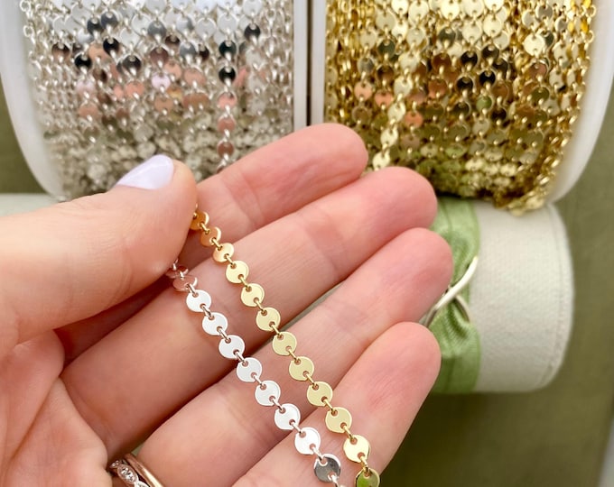 Sequin Disc Chain - Chain by the Foot - Sterling Silver or 14kt Gold Filled 4mm Disk and Link Chain - Permanent Jewelry - USA C31