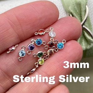 Conectores de piedra natal de plata de ley de 3 mm, diminutos. Tú eliges, combina y combina. Bisel de circonitas AAA de calidad. Joyería permanente al por mayor. Fabricado en EE. UU. B1.
