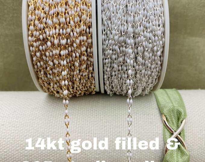 Premium White 14kt Gold Filled or Sterling Silver Enamel Chains - Colorful Paperclip Chain for Permanent Jewelry - Twin Enamel Chains E10